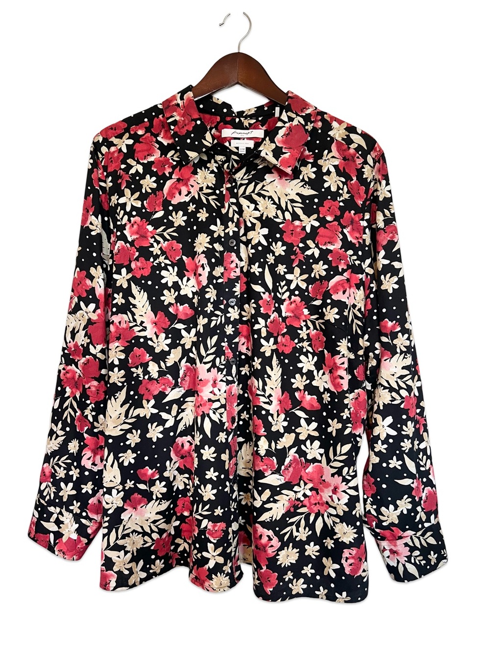 Foxcroft black and red floral button up shirt Size 22W Wrinkle free 100% Cotton